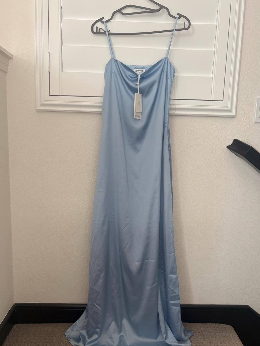 Peppermayo Aster Bloom Light Blue Satin Maxi Dress, Wedding Guest Evening Wear - Picture 4 of 5